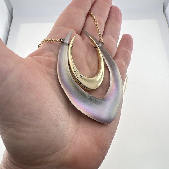 Alexis Bittar Lucite Necklace Double Horseshoe Translucent Green Purple Gold - Picture 15 of 16